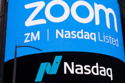 A sign for Zoom Video Communications ahead of their Nasdaq IPO in New York, April 18, 2019.