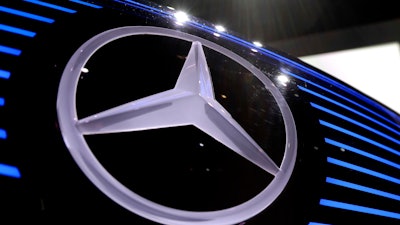 Mercedes logo at the annual news conference at the company's headquarters in Stuttgart, Germany, Feb. 2, 2017.