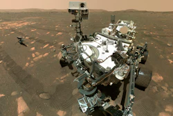 Perseverance Mars rover, foreground, and the Ingenuity helicopter, April 6, 2021.