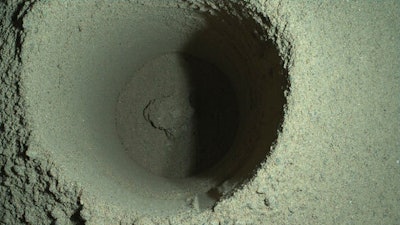 Drill hole from Perseverance’s first sample-collection attempt on Mars.