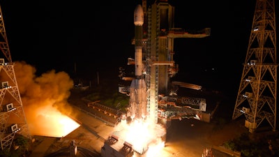 India's Geosynchronous Satellite Launch Vehicle, carrying EOS-03, an Earth observation satellite, takes off from Satish Dhawan Space Center in Sriharikota, Aug. 12, 2021.