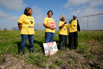 From left, Myrtle Felton, Sharon Lavigne, Gail LeBoeuf and Rita Cooper of RISE St. James conduct a live stream video on property owned by Formosa Plastics, St. James Parish, La., March 11, 2020.