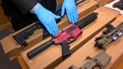 'Ghost guns' displayed at the headquarters of the San Francisco Police Department, Nov. 27, 2019.