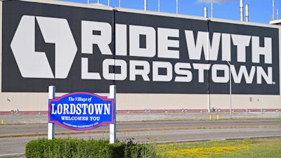 Mural on the wall outside the Lordstown Motors plant in Lordstown, Ohio, June 22, 2021.