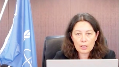In this image from video, head of the International Atomic Energy Agency Lydie Evrad speaks to media via video conference, Sept. 9, 2021.