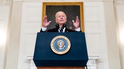 President Joe Biden speaks in the State Dining Room at the White House,, Sept. 9, 2021.