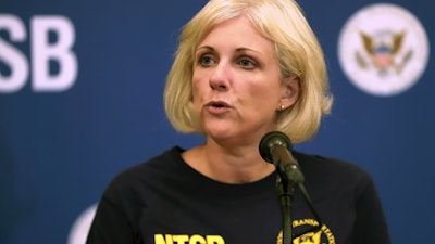 Jennifer Homendy of the National Transportation Safety Board during a news conference in Windsor Locks, Conn., Oct. 3, 2019.