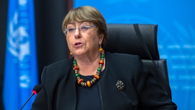 Michelle Bachelet, U.N. High Commissioner for Human Rights, speaks during a press conference at the U.N.'s European headquarters in Geneva, Switzerland, Dec. 9, 2020.