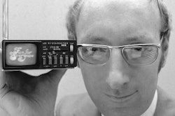 Sinclair Radionics founder Clive Sinclair displays the Microvision television in New York, Sept. 18, 1977.