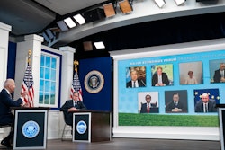 Secretary of State Antony Blinken listens as President Joe Biden delivers remarks to the Major Economies Forum on Energy and Climate, South Court Auditorium on the White House campus, Sept. 17, 2021.