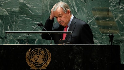 United Nations Secretary General Antonio Guterres addresses the 76th Session of the U.N. General Assembly, New York, Sept. 21, 2021.