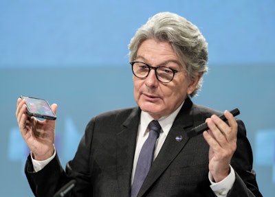 European Commissioner for Internal Market Thierry Breton during a media conference at EU headquarters in Brussels, Sept. 23, 2021.