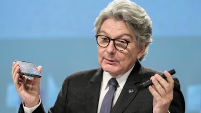 European Commissioner for Internal Market Thierry Breton during a media conference at EU headquarters in Brussels, Sept. 23, 2021.