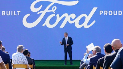 Tennessee Gov. Bill Lee speaks during a presentation on the planned factory to build electric F-Series trucks and vehicle batteries, Memphis, Sept. 28, 2021.