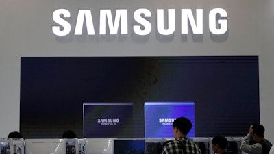 Samsung Electronics logo at a semiconductor exhibition in Seoul, South Korea, Oct. 8, 2019.