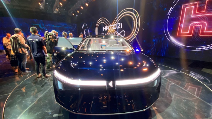 An electric car unveiled by Foxconn during a press event in Taipei, Taiwan, Oct. 18, 2021.