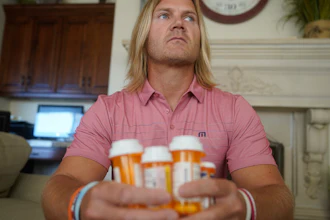 David Stringham holds prescription bottles at his home in Provo, Utah, Aug. 23, 2021.