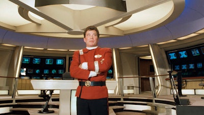 William Shatner dressed as Capt. James T. Kirk at a photo opportunity promoting the Paramount Studios film 'Star Trek V: The Final Frontier' in 1988.