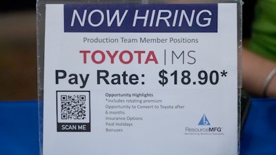 Sign at the Lee County Area Job Fair, Tupelo, Miss., Oct. 12, 2021.
