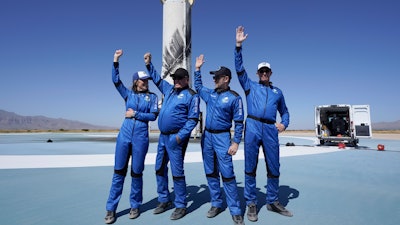 Blue Origin's New Shepard rocket passengers, from left, Audrey Powers, William Shatner, Chris Boshuizen, and Glen de Vries during a media availability at the spaceport near Van Horn, Texas, Oct. 13, 2021.