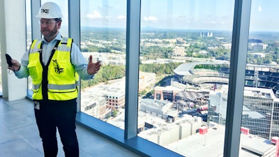 Kevin Lavallee, CEO of TK Elevators' North American operations, stands at the top of the company's new elevator testing facility outside Atlanta, Oct. 13, 2021.