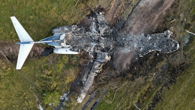 The remnants of an aircraft which caught fire soon after a failed take-off attempt, Brookshire, Texas, Oct. 19, 2021.