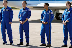 From left, European Space Agency astronaut Matthias Maurer, and NASA astronauts Tom Marshburn, Raja Chari and Kayla Barron speak to the media at Kennedy Space Center, Cape Canaveral, Fla., Oct. 26, 2021.