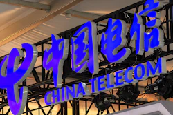 China Telecom logo at a booth at the China International Fair for Trade in Services in Beijing, Sept. 5, 2020.