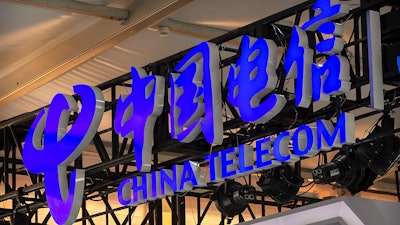 China Telecom logo at a booth at the China International Fair for Trade in Services in Beijing, Sept. 5, 2020.