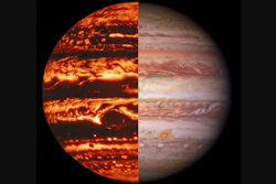NASA combination image showing Jupiter as seen by the Juno probe's microwave radiometer, left, and in visible light, captured by the Gemini Observatory.