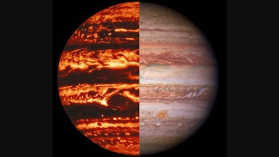 NASA combination image showing Jupiter as seen by the Juno probe's microwave radiometer, left, and in visible light, captured by the Gemini Observatory.