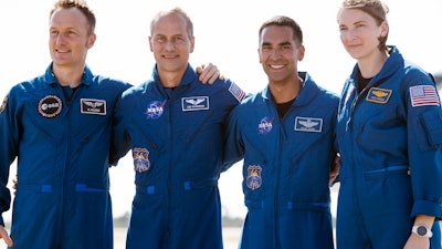 From left, European Space Agency astronaut Matthias Maurer and NASA astronauts Tom Marshburn, Raja Chari and Kayla Barron at the Kennedy Space Center in Cape Canaveral, Fla., Oct. 26, 2021.
