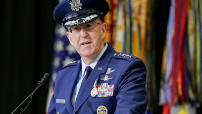 Air Force Gen. John Hyten, outgoing commander of U.S. Strategic Command, during a change of command ceremony at Offutt AFB, Nebraska, Nov. 18, 2019.