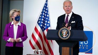 President Joe Biden and European Commission president Ursula von der Leyen talk to reporters about pausing the trade war over steel and aluminum tariffs during the G20 leaders summit, Rome, Oct. 31, 2021.
