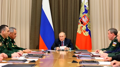 Russian President Vladimir Putin during a meeting with Defense Ministry officials at the Bocharov Ruchei residence, Sochi, Russia, Nov. 3, 2021.