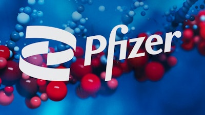 Pfizer logo at the company's headquarters in New York, Feb. 5, 2021.