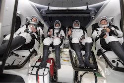 From left to right, European Space Agency astronaut Thomas Pesquet, NASA astronauts Megan McArthur and Shane Kimbrough, and Japan Aerospace Exploration Agency astronaut Akihiko Hoshide inside the SpaceX Dragon spacecraft off the coast of Pensacola, Fla., Nov. 8, 2021.