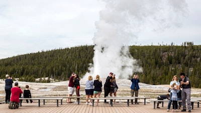 Old Faithful erupts at Yellowstone National Park, Wyo., May 18, 2020.