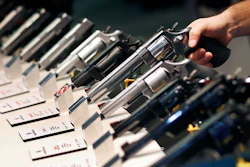 Handguns displayed at the Smith & Wesson booth at the Shooting, Hunting and Outdoor Trade Show in Las Vegas, Jan. 19, 2016.