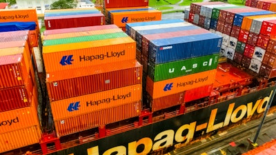 Hapag-Lloyd cargo ship in the Panama Canal, Dec. 2019.