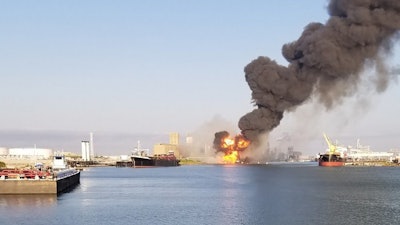 Coast Guard crews respond to a fire in the Port of Corpus Christi Ship Channel, Corpus Christi, Texas, Aug. 21, 2020.