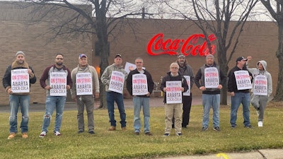 Teamsters Local 773 union members picketing outside the ABARTA Coca-Cola Beverages distribution center in Bethlehem, PA.