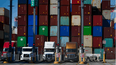 Containers are stacked at the Port of Long Beach in Long Beach in CA on Oct. 1, 2021.