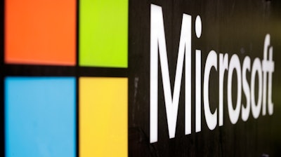Microsoft logo at its offices in Sydney, Feb. 3, 2021.