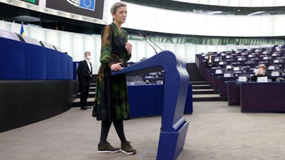 European Commissioner Margrethe Vestager during a debate on the Digital Markets Act at the European Parliament in Strasbourg, France, Dec.14, 2021.