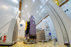 The James Webb Space Telescope mounted on top of the Ariane 5 rocket, Dec. 11, 2021.