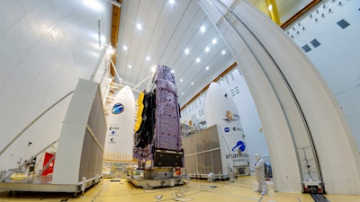 The James Webb Space Telescope mounted on top of the Ariane 5 rocket, Dec. 11, 2021.
