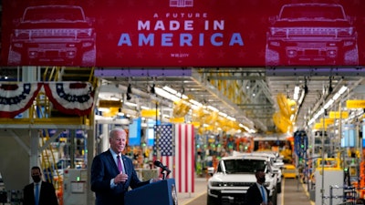 President Joe Biden speaks during a visit to the General Motors Factory ZERO electric vehicle assembly plant, Wednesday, Nov. 17, 2021, in Detroit.