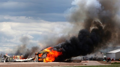 Ultramax Ammunition company engulfed in flames near Rapid City, S.D., May 8, 2018.