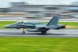 Royal Canadian Air Force F-18 Hornet takes off from Prestwick Airport, Scotland, Aug. 2019.